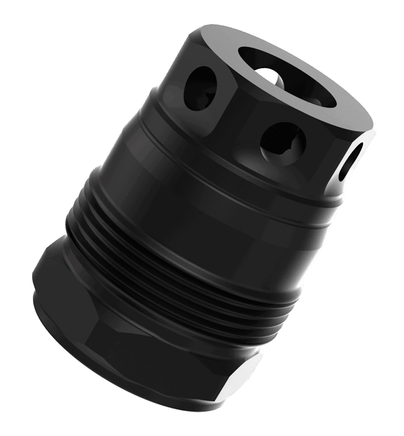 Black threaded metal component with side holes
