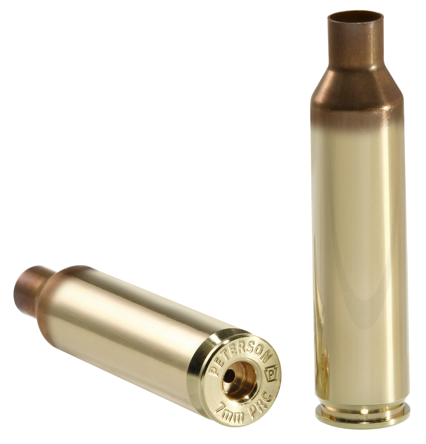 Two brass 7mm PRC rifle cartridges