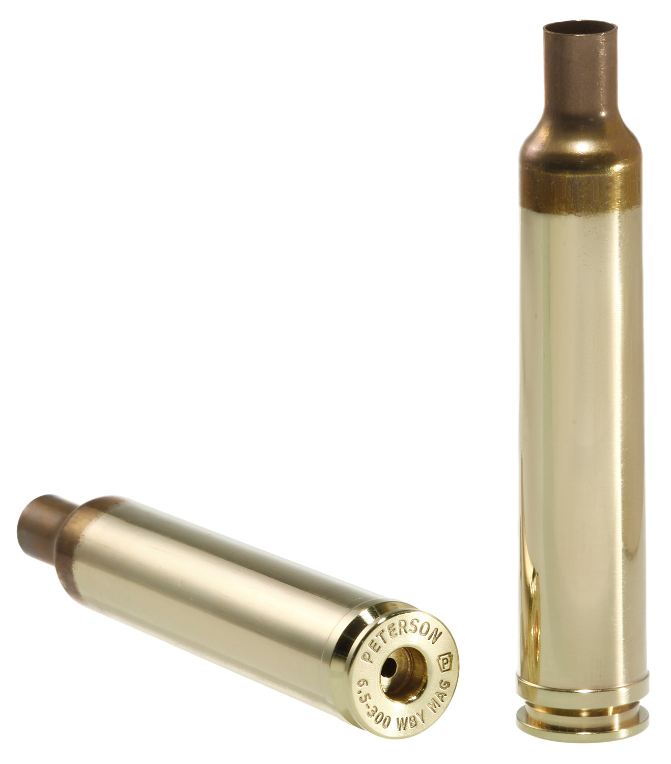 Two brass rifle cartridges on white background
