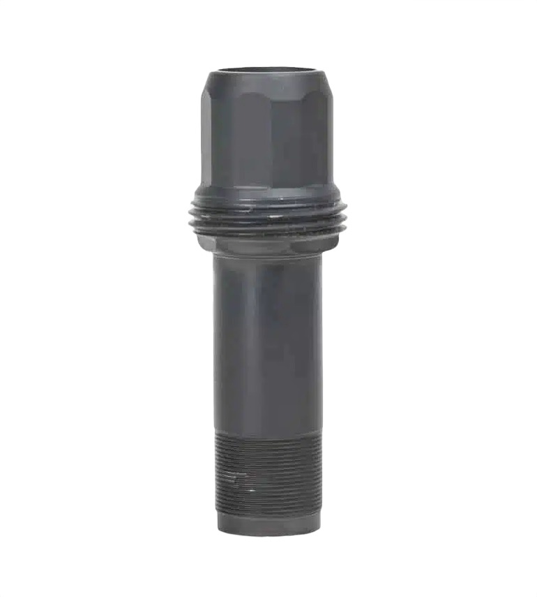Dark gray threaded plastic pipe fitting