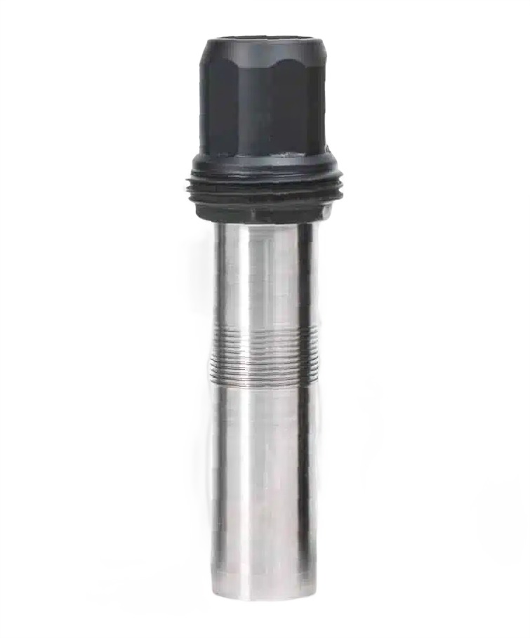 Metal threaded cylinder with black plastic cap