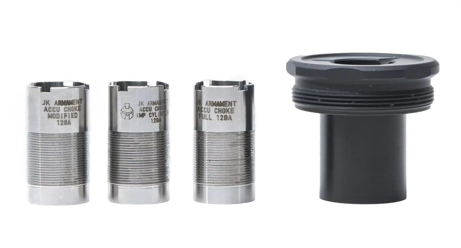Shotgun choke tubes and threaded adapter on white background