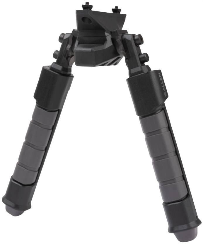 Black adjustable rifle bipod on white background