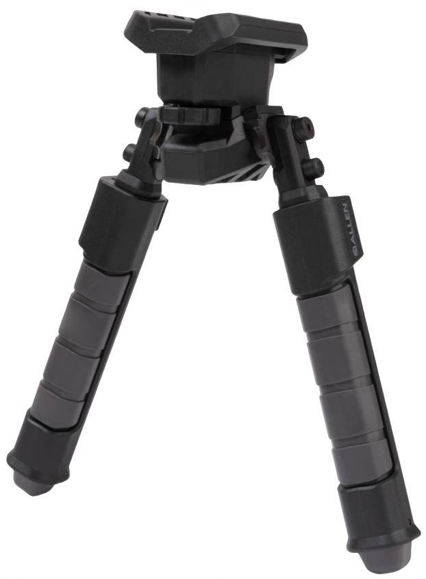 Black adjustable rifle bipod on white background