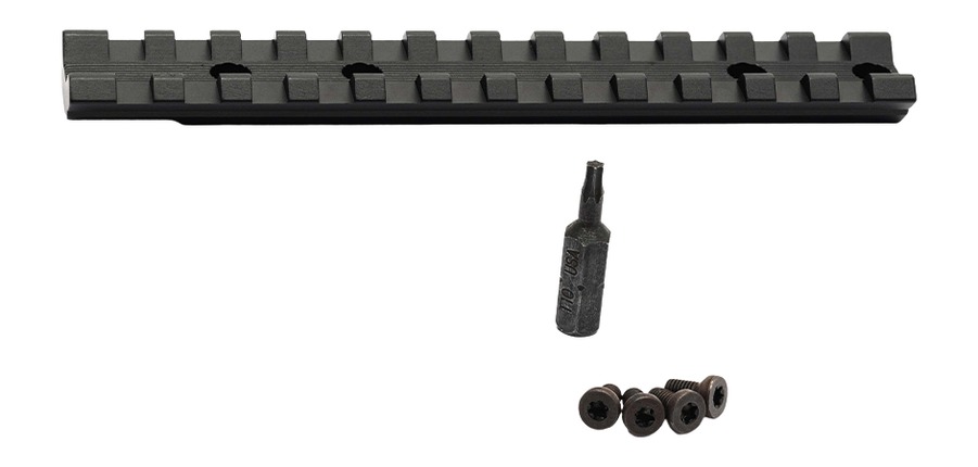 Black Picatinny rail with screws and tool bit