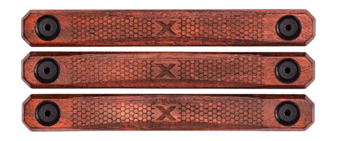 Three wooden knife handle scales with screws