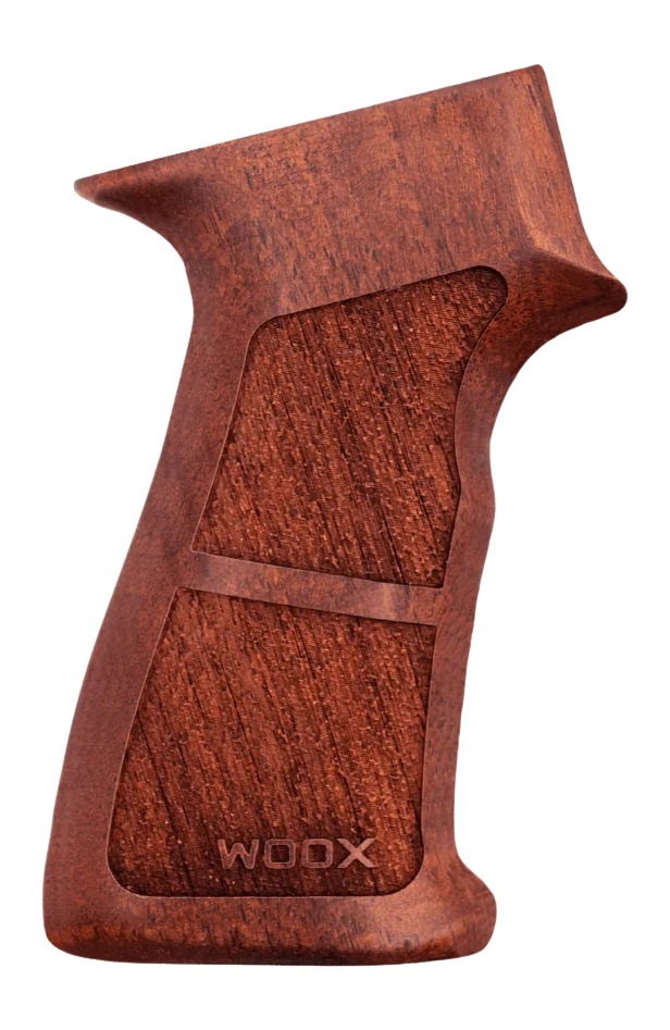 Wooden pistol grip with WOOX branding