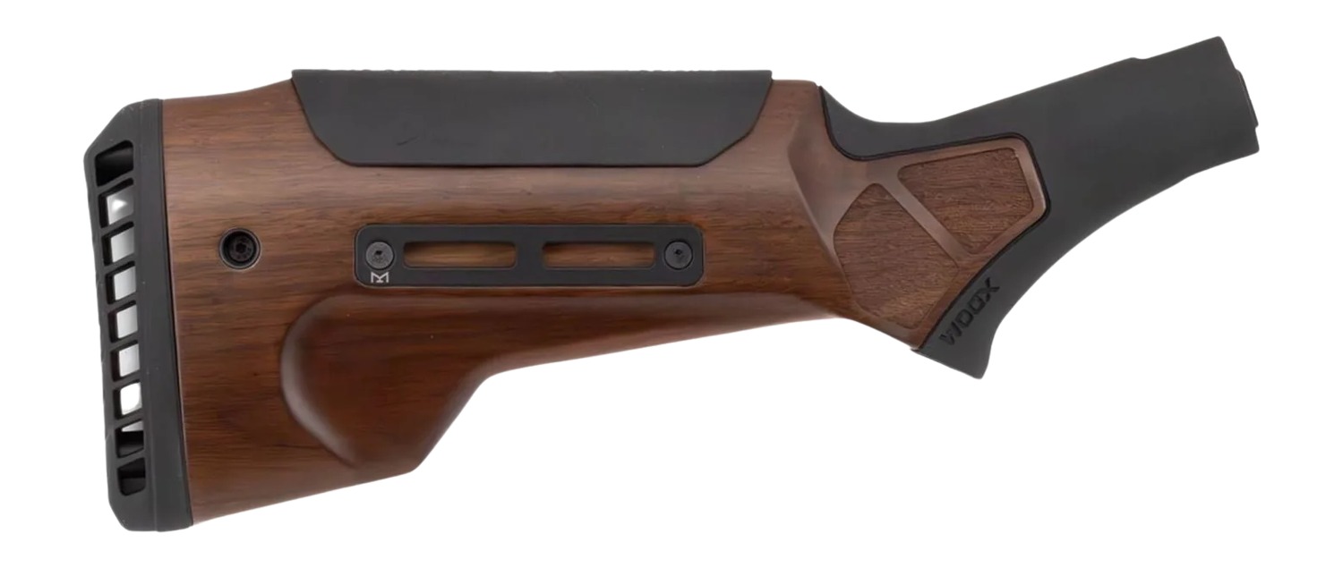 Wooden rifle stock with black recoil pad