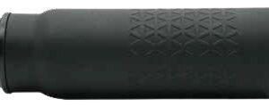 Black cylindrical firearm suppressor with textured grip