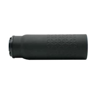 Black cylindrical firearm suppressor on white background