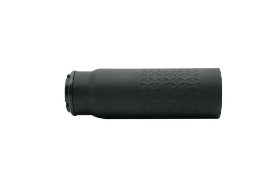 Black cylindrical firearm suppressor on white background