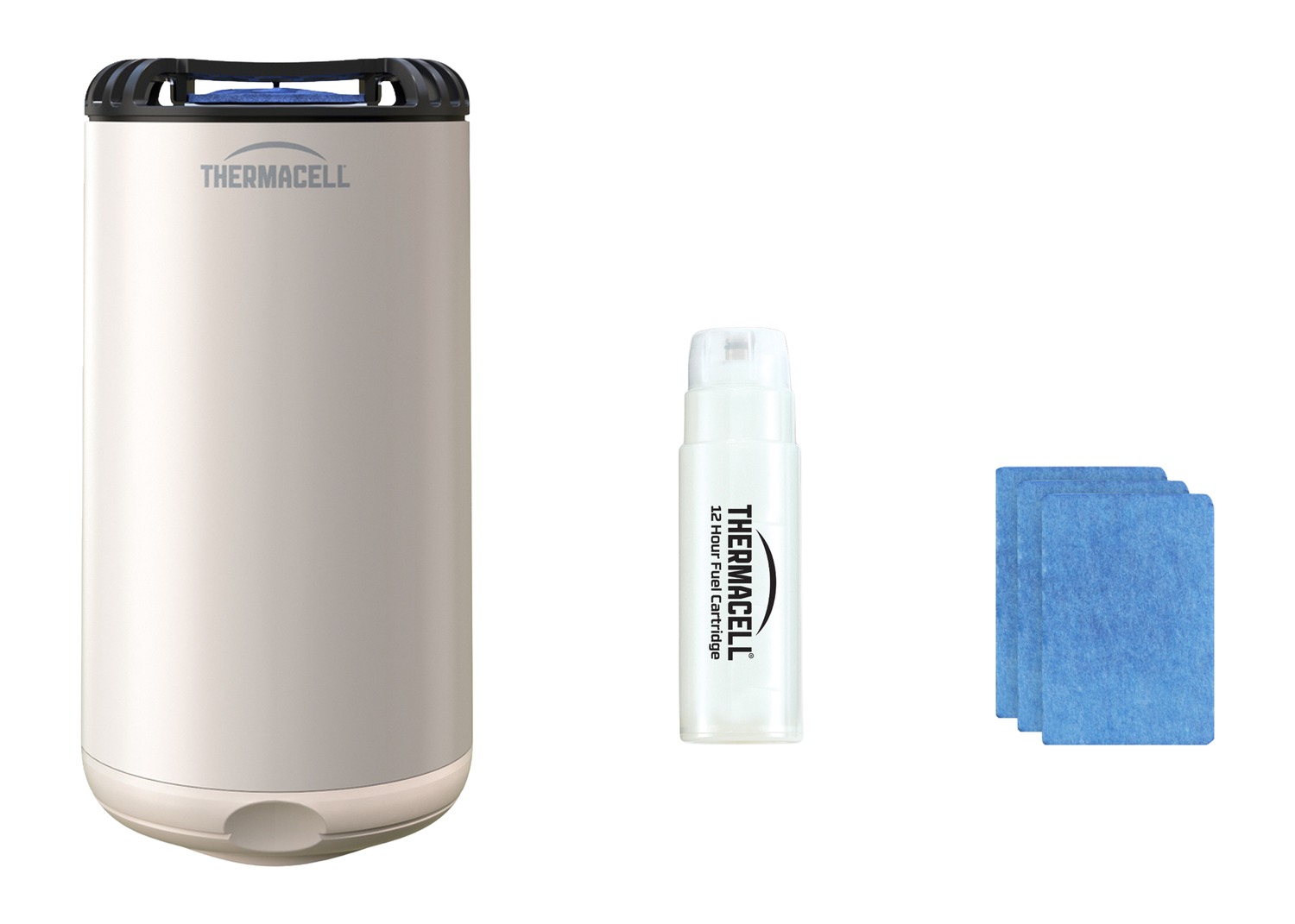 Thermacell mosquito repeller with fuel cartridge and mats