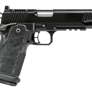 Black semi-automatic handgun on white background