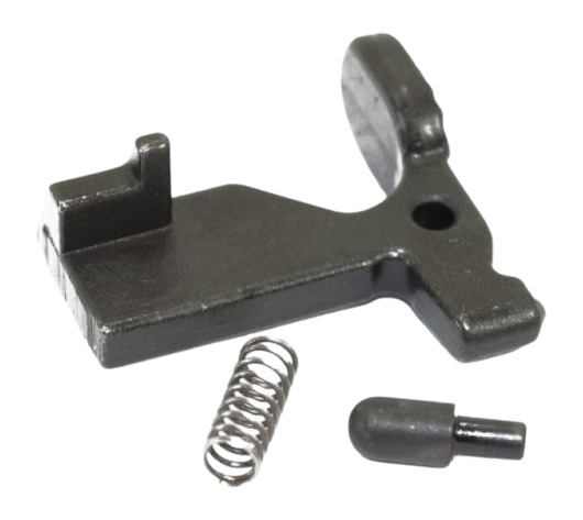 Small metal latch component with spring and pin