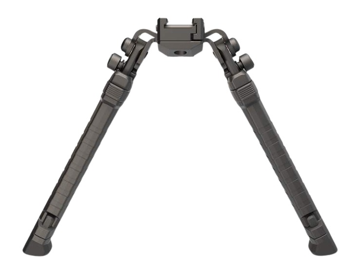 Black adjustable rifle bipod on white background