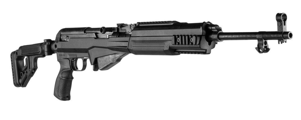 Modernized SKS-style rifle on white background