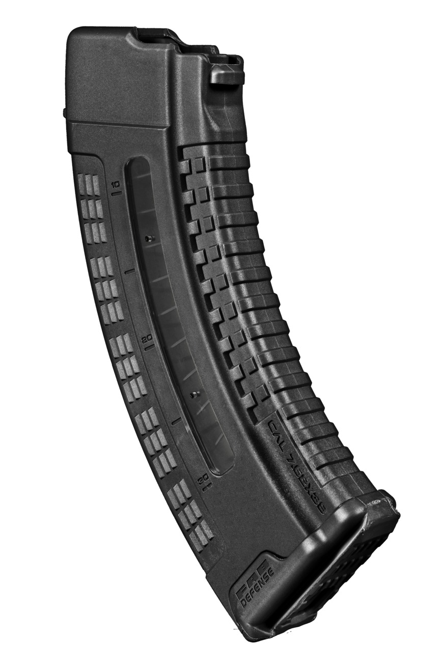 Black curved polymer rifle magazine with window