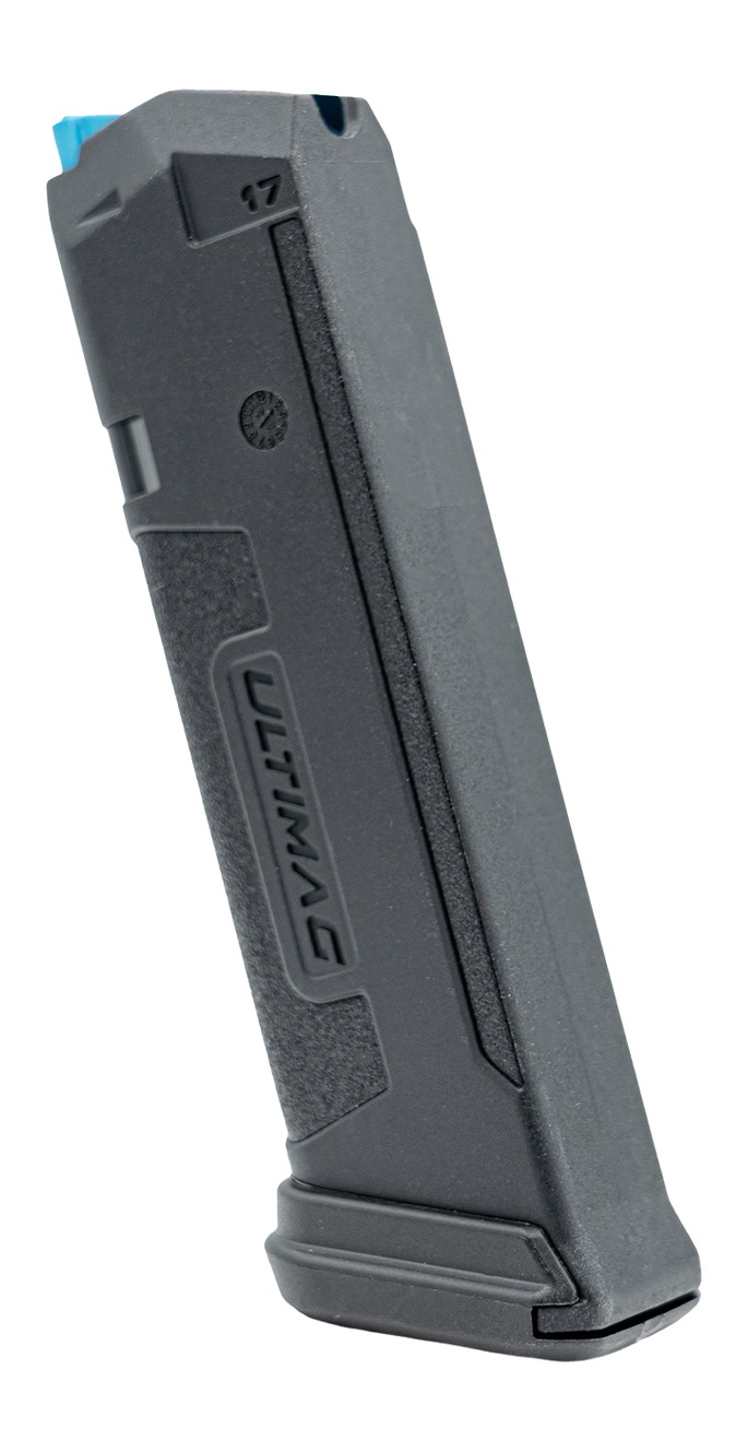 Black handgun magazine with textured grip panel