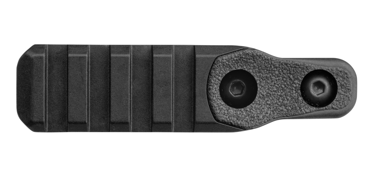 Black textured metal accessory with two screws