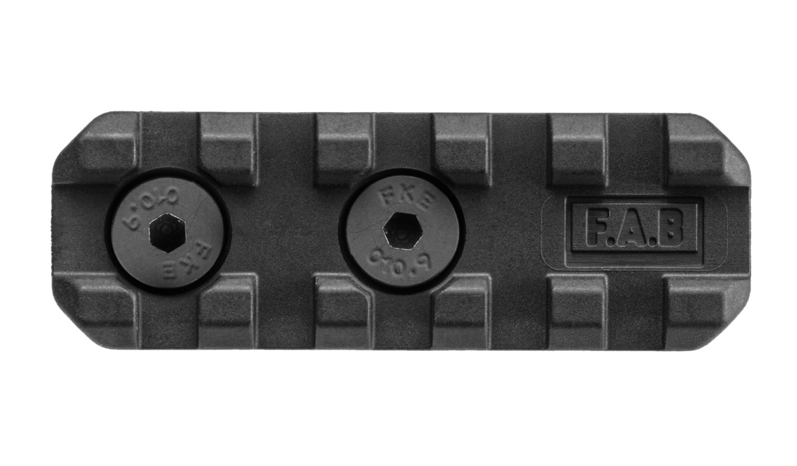 Black mounting rail section with two hex bolts