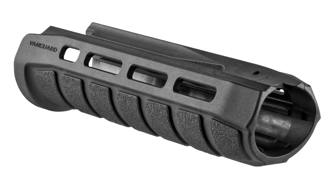 Black polymer shotgun fore-end with textured grip