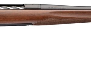 Wood-stock bolt-action rifle on white background