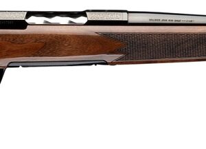 Bolt-action rifle with wooden stock on white background