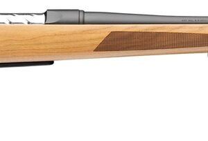 Bolt-action rifle with wooden stock on white background