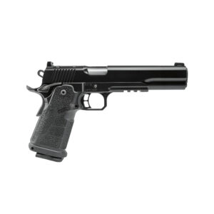 Black semi-automatic handgun on white background