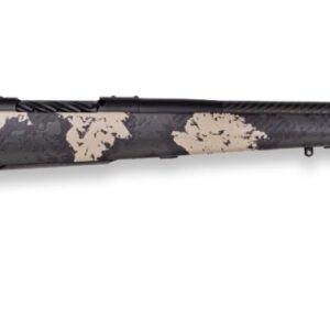Bolt-action rifle with camouflage stock and long barrel