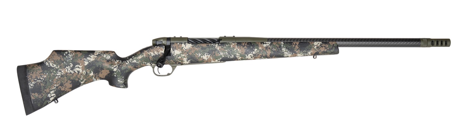 Camouflage bolt-action rifle with long barrel