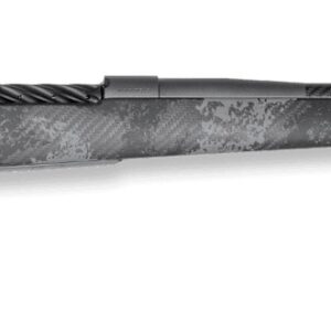 Bolt-action rifle with camo stock and muzzle brake