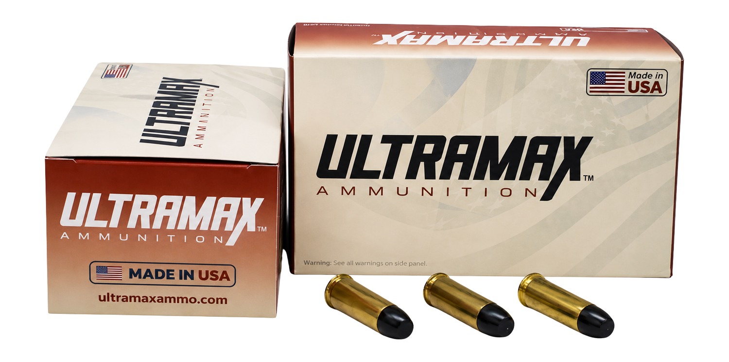 Ultramax ammunition boxes with three handgun cartridges