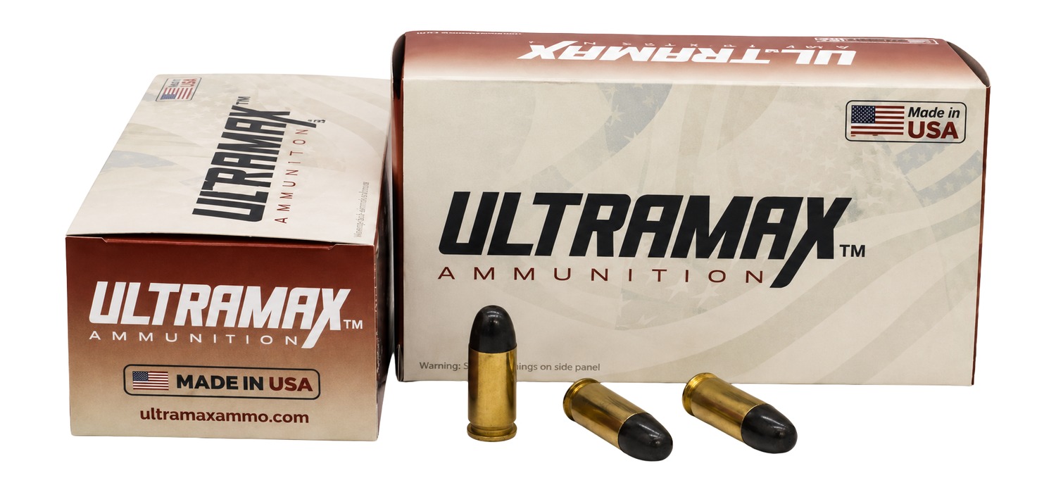 Ultramax ammunition boxes with three handgun cartridges
