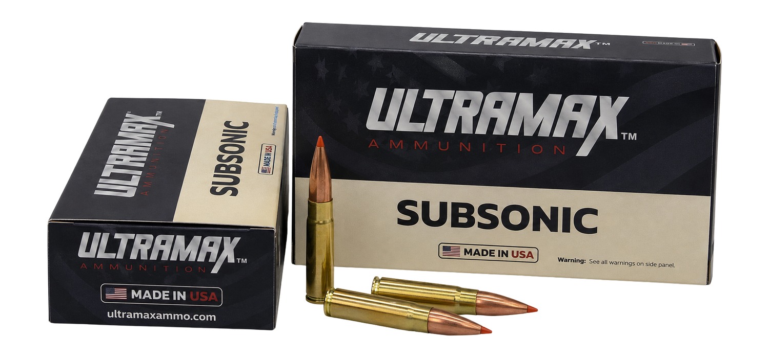 Ultramax Subsonic ammunition boxes and rifle cartridges