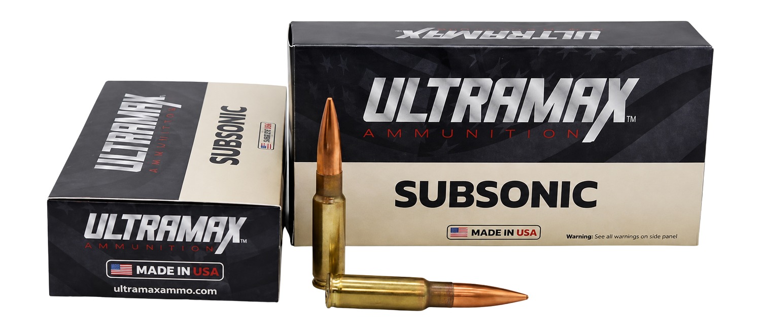 Ultramax Subsonic ammunition boxes and rifle cartridges