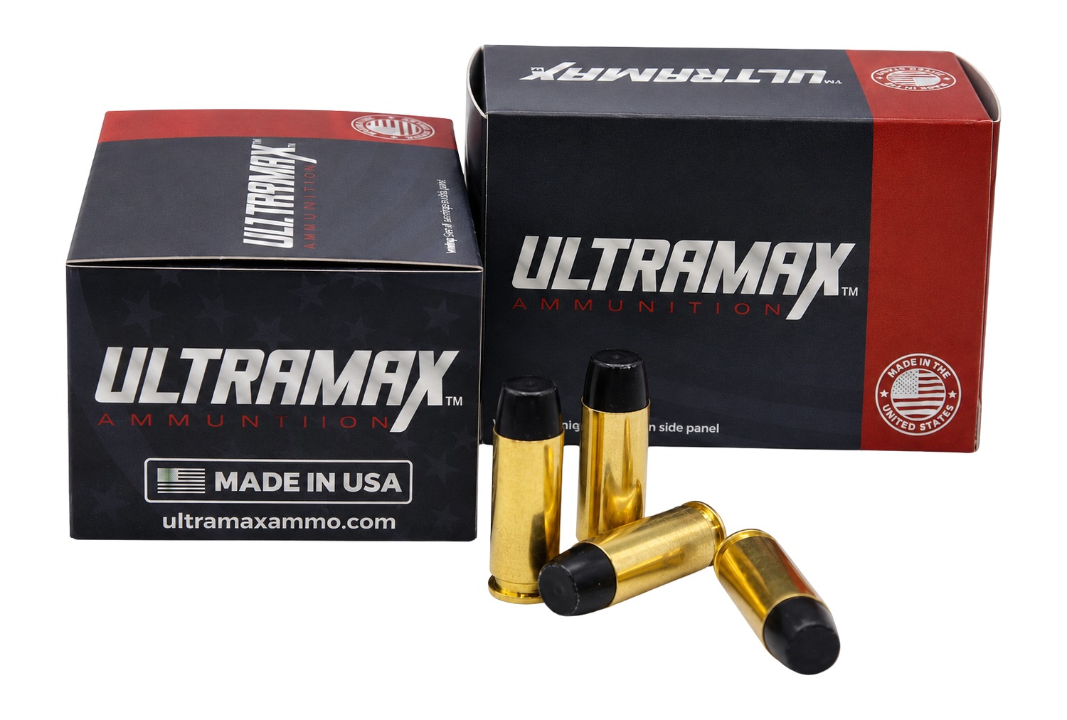 Ultramax ammunition boxes and brass handgun cartridges