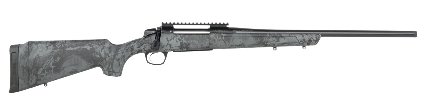 Bolt-action rifle with camouflage stock on white