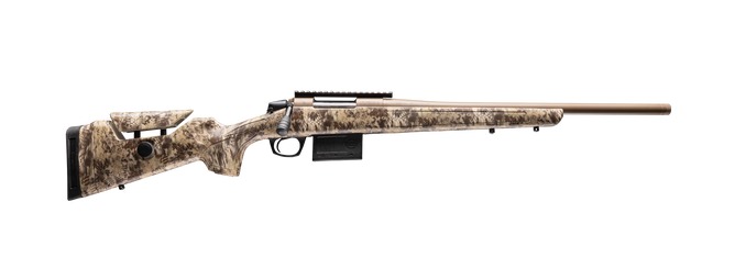 Camouflage bolt-action rifle with long barrel