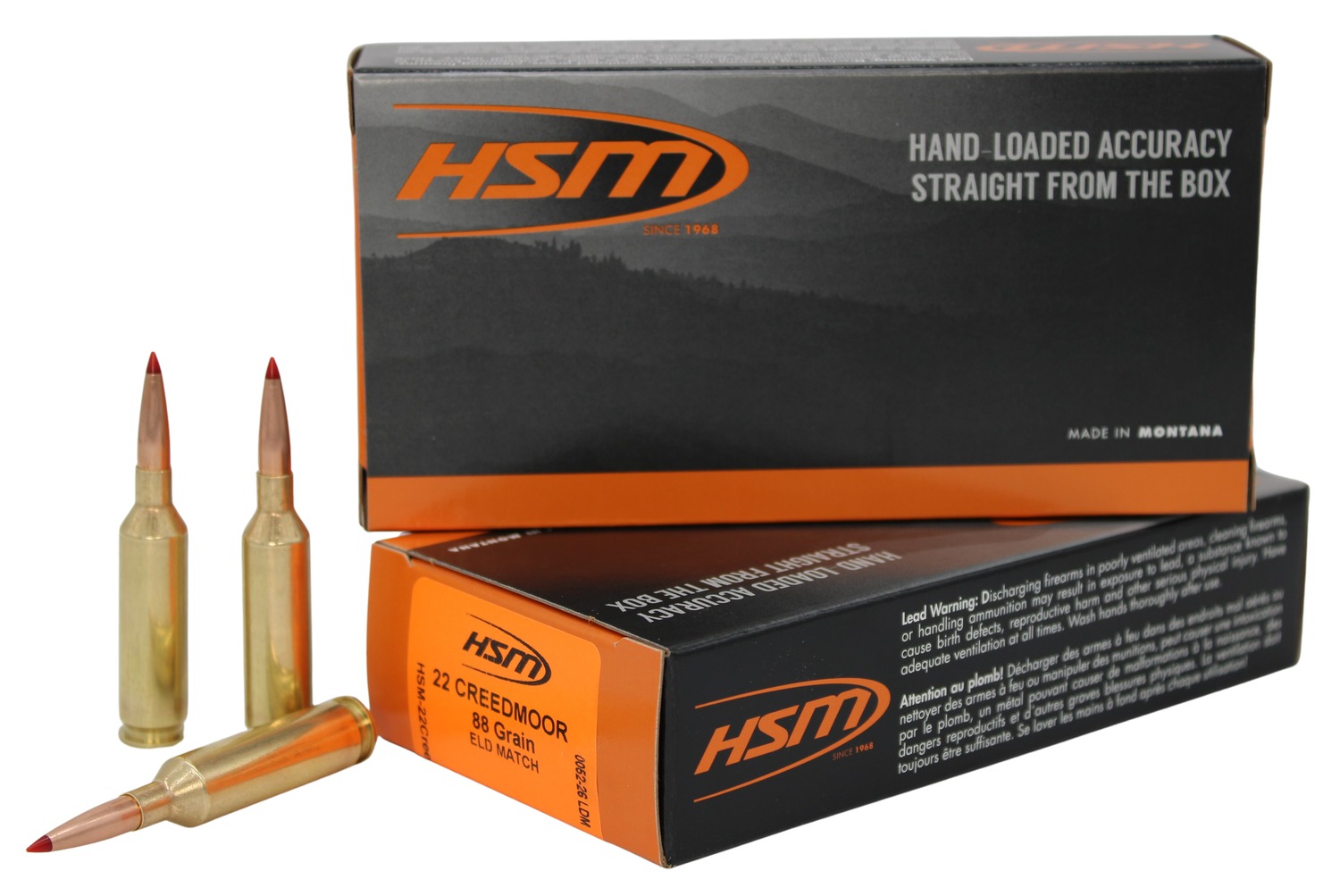 HSM .22 Creedmoor ammunition boxes and cartridges