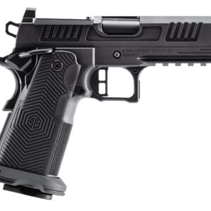 Black semi-automatic pistol side view on white background