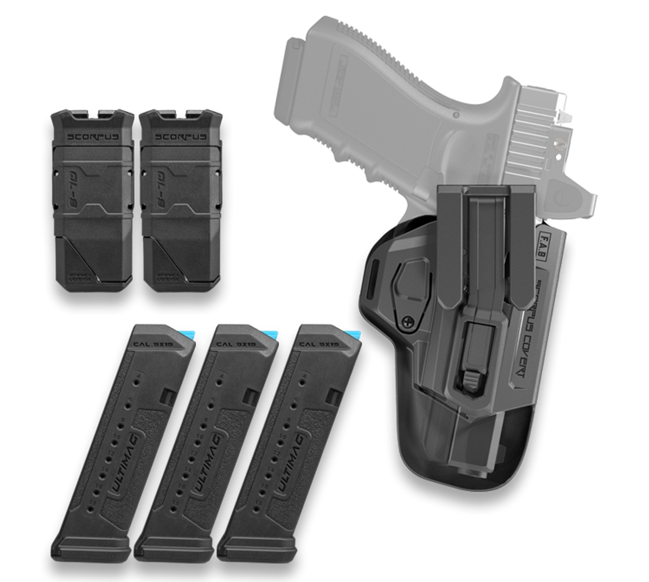 Handgun holster with multiple pistol magazines displayed