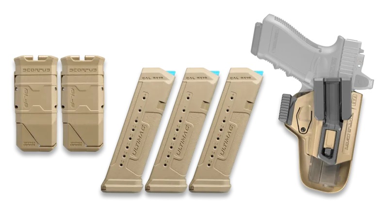 Tan pistol magazines and holster on white background