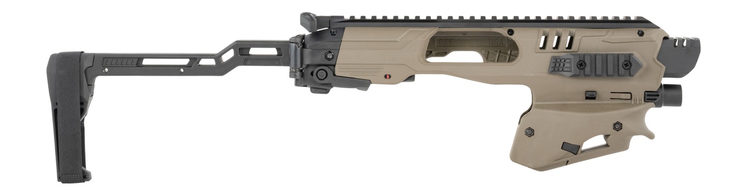 Tan and black tactical rifle chassis stock