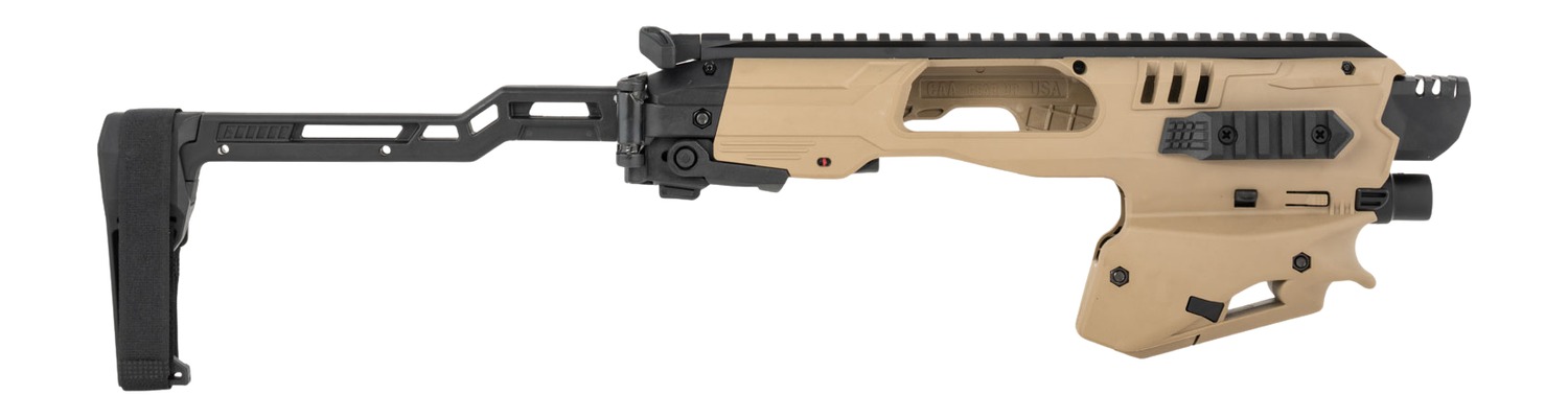 Tan and black tactical rifle chassis with folding stock