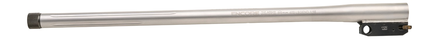 Silver rifle barrel with threaded muzzle and mount