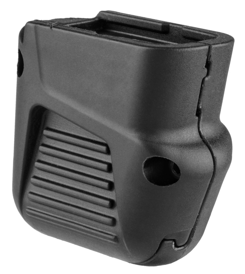 Black handgun magazine grip extension base plate