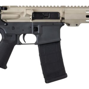 Compact AR-style pistol with brace and tan handguard