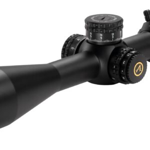Black precision rifle scope with adjustment turrets