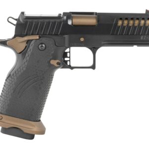 Black and tan semi-automatic handgun on white background